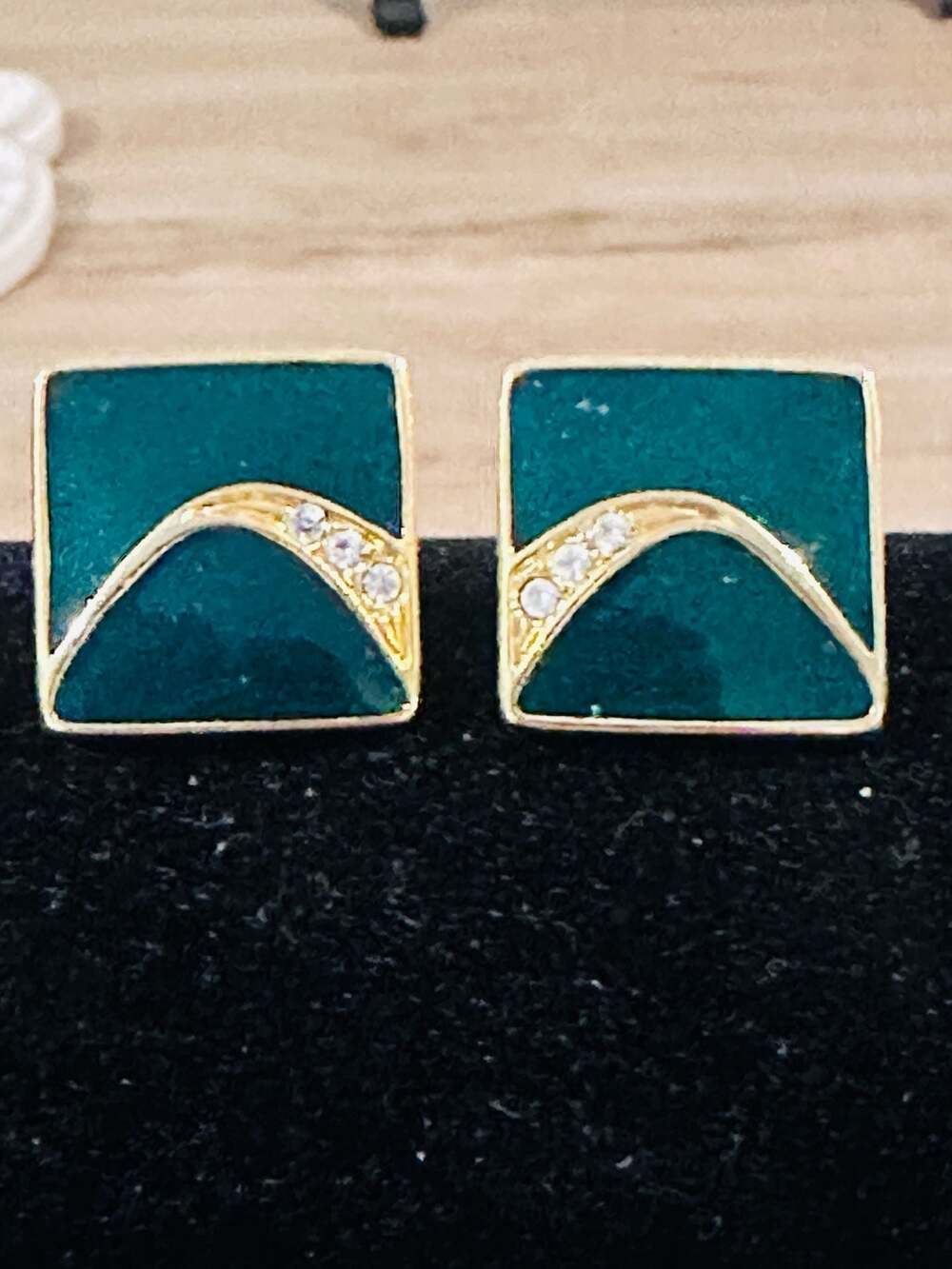 Vintage Teal Enamel Square Stud Earrings Gold-Tone Rhinestone Wave Accent
